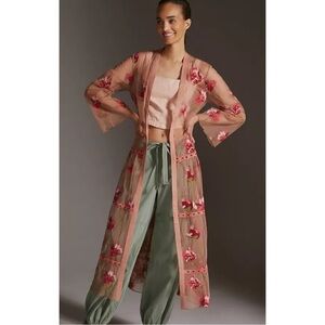ANTHROPOLOGIE | NWT $198 Bl-nk London Pink Tulle Embroidered Floral Kimono, OS